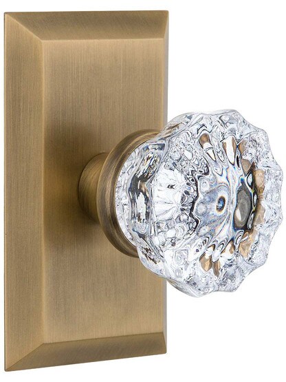 New York Rosette Door Set with Fluted-Crystal Glass Knobs in Antique Brass.